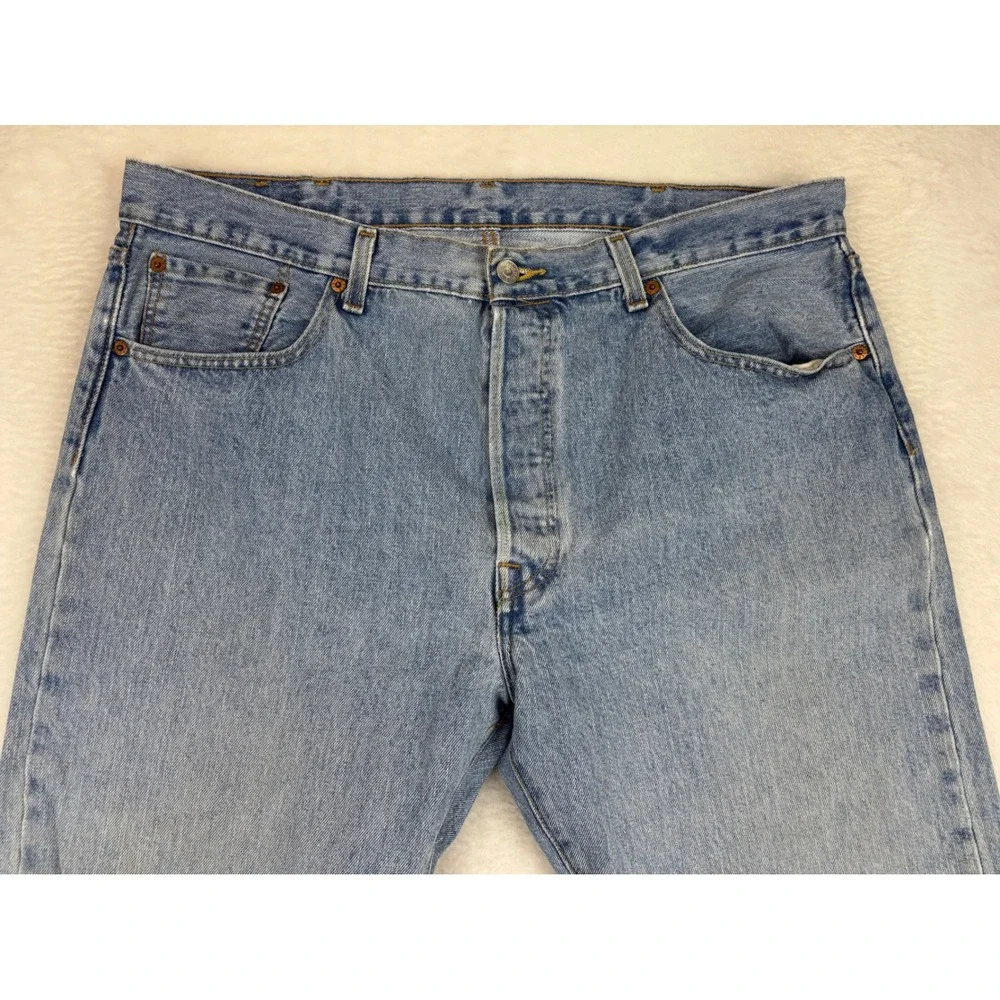 Levis 501 Original Fit Mens 38x32 Jeans Grungy Light Blue Washed Denim